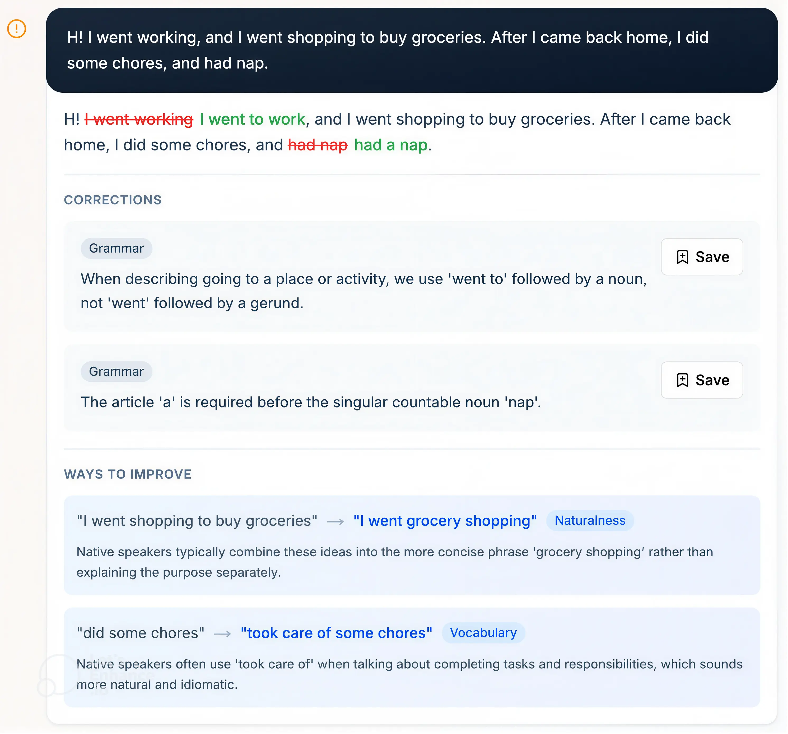 English grammar feedback and corrections on WeSpeak